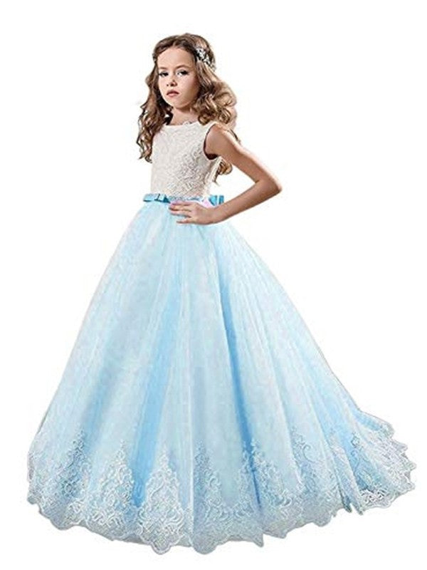 Ball Gown Jewel Sleeveless Lace Sweep/Brush Train Tulle Flower Girl Dresses DEP0007536