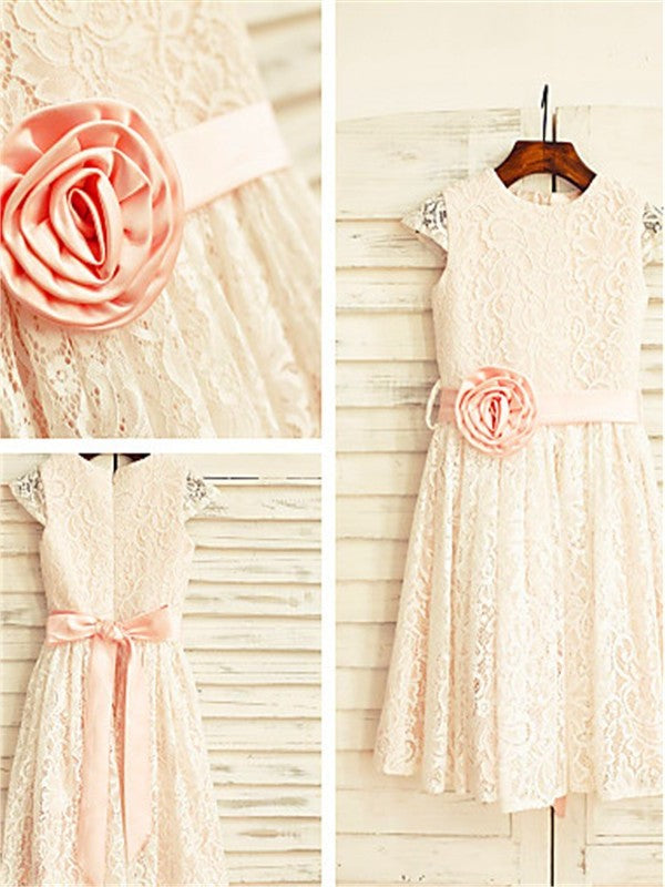 A-line/Princess Scoop Hand-made Flower Short Sleeves Tea-Length Lace Flower Girl Dresses DEP0007819