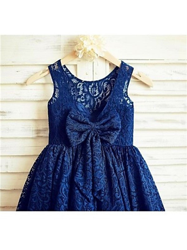 A-line/Princess Scoop Sleeveless Bowknot Tea-Length Lace Flower Girl Dresses DEP0007735