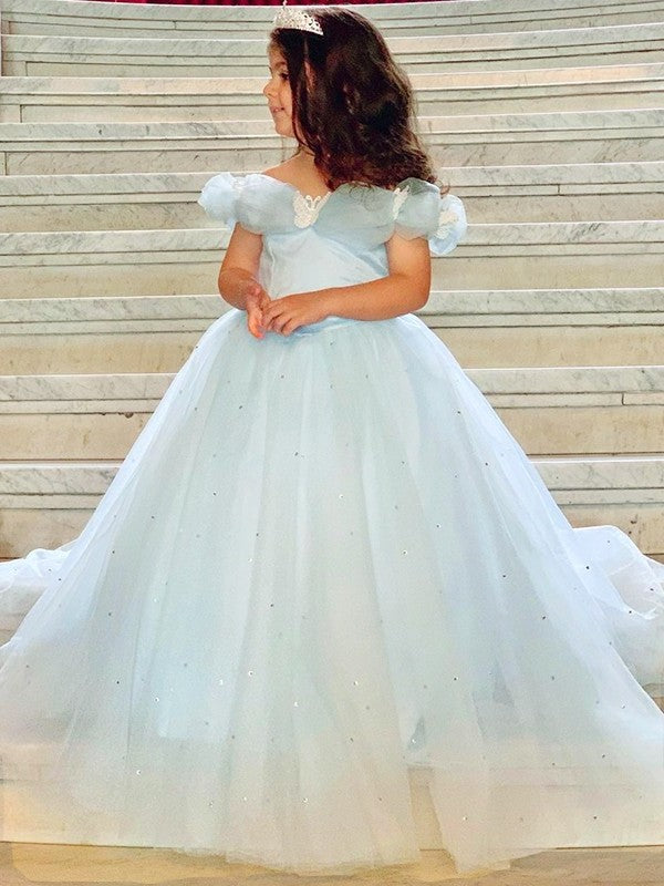 Ball Gown Tulle Rhinestone Off-the-Shoulder Sleeveless Floor-Length Flower Girl Dresses DEP0007466