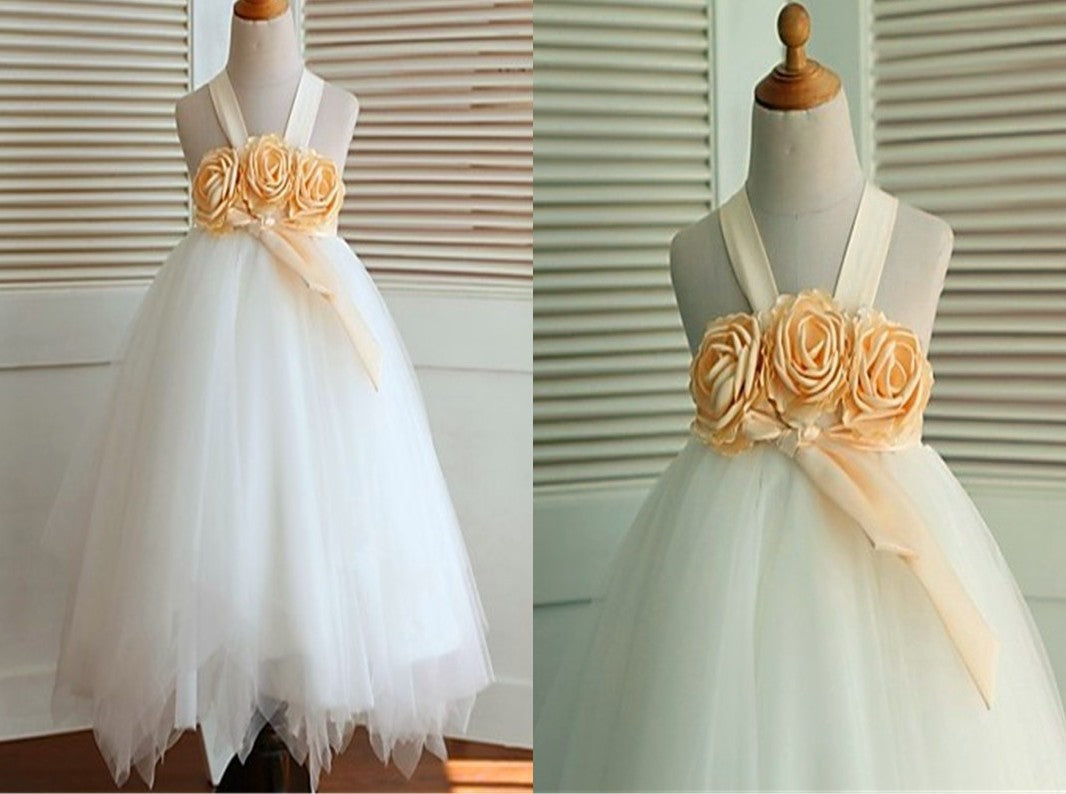 Ball Gown Sleeveless Straps Hand-made Flower Tea-Length Tulle Flower Girl Dresses DEP0007717