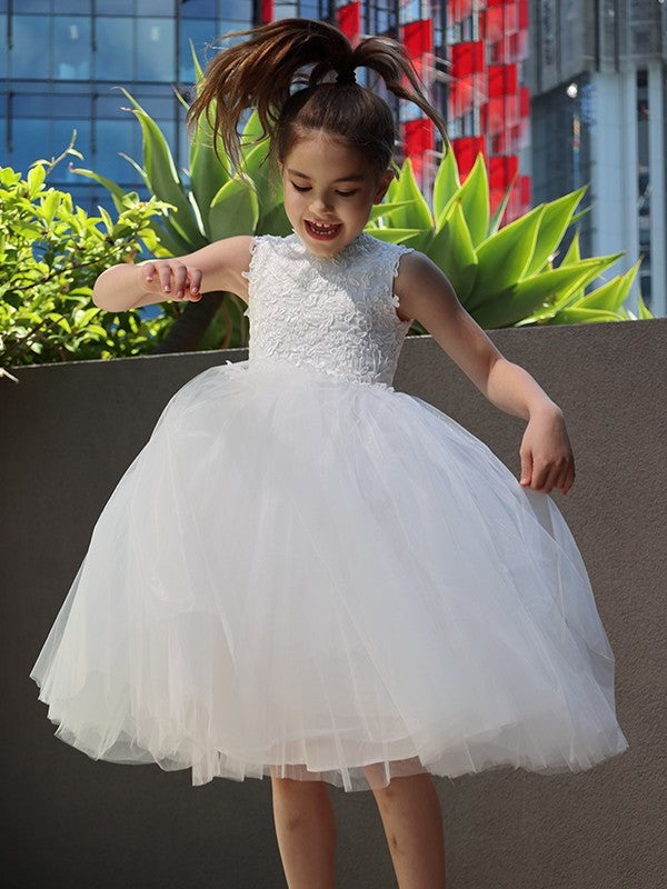 A-Line/Princess Tulle Lace High Neck Sleeveless Knee-Length Flower Girl Dresses DEP0007488