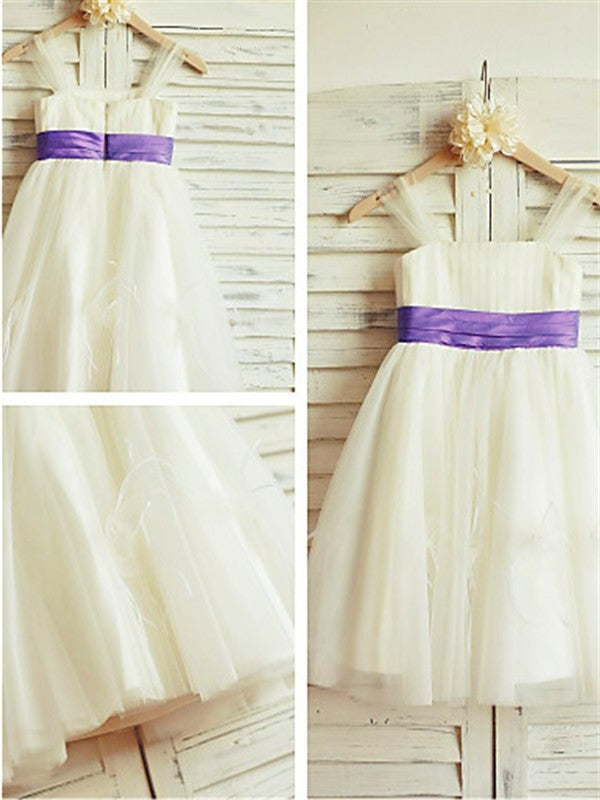 A-line/Princess Straps Sleeveless Ruffles Tea-Length Tulle Flower Girl Dresses DEP0007886