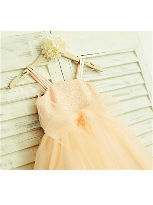 A-line/Princess Spaghetti Straps Sleeveless Sequin Tea-Length Tulle Flower Girl Dresses DEP0007863