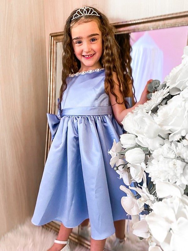 A-Line/Princess Satin Bowknot Scoop Sleeveless Knee-Length Flower Girl Dresses DEP0009289