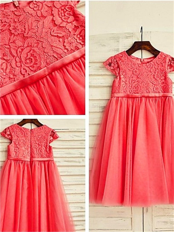 A-line/Princess Scoop Short Sleeves Lace Tea-Length Tulle Flower Girl Dresses DEP0007881