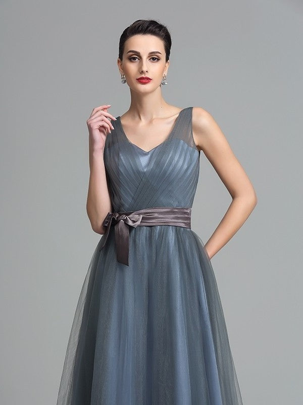 A-Line/Princess Straps Sash/Ribbon/Belt Sleeveless Long Net Bridesmaid Dresses DEP0005595