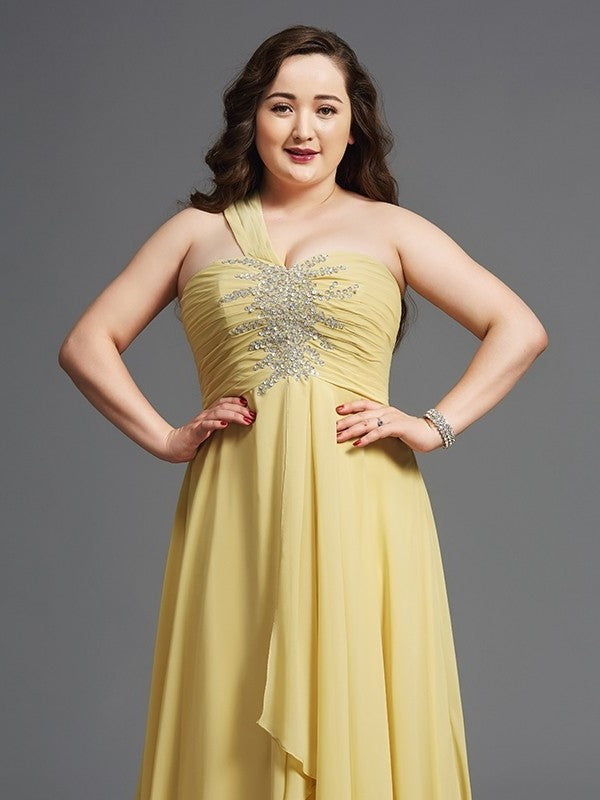 A-Line/Princess One-Shoulder Rhinestone Sleeveless Long Chiffon Plus Size Dresses DEP0003729