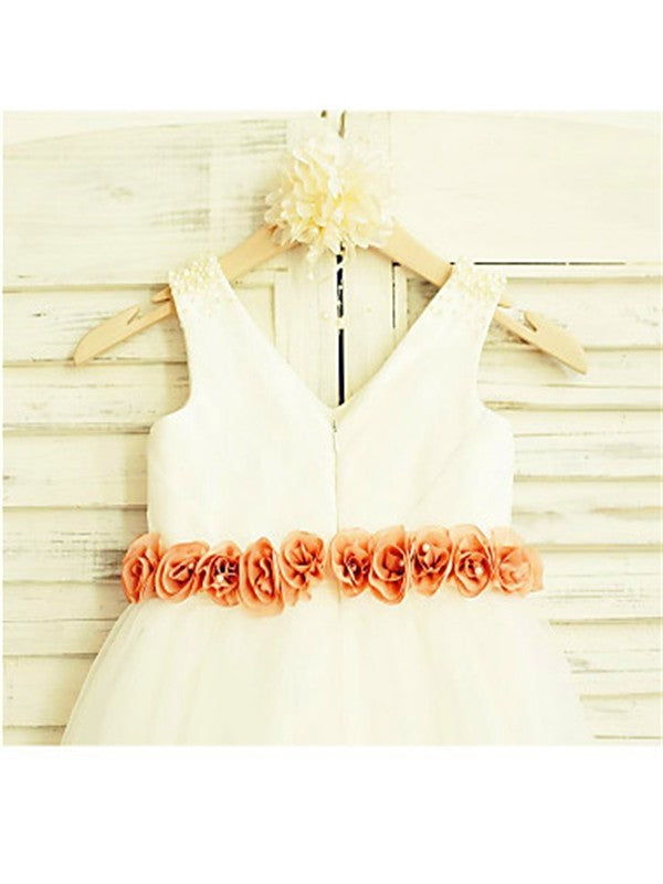 A-line/Princess V-neck Sleeveless Hand-made Flower Tea-Length Tulle Flower Girl Dresses DEP0007821