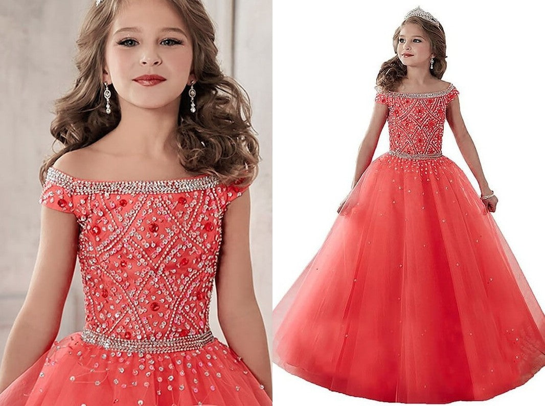 Ball Gown Off-the-Shoulder Sleeveless Beading Floor-Length Tulle Flower Girl Dresses DEP0007563