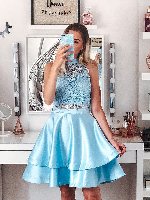 A-Line/Princess Satin Lace Sleeveless Halter Short/Mini Two Piece Homecoming Dresses DEP0004654