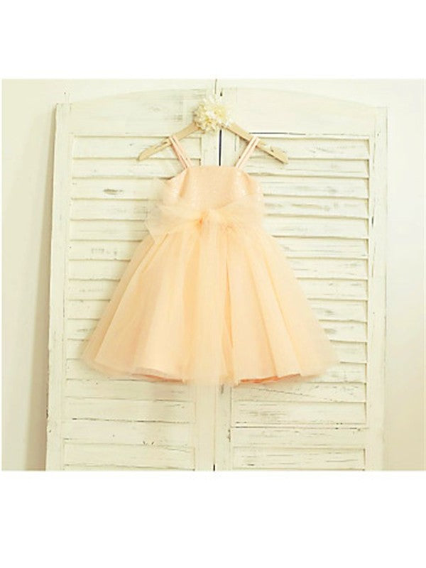 A-line/Princess Spaghetti Straps Sleeveless Sequin Tea-Length Tulle Flower Girl Dresses DEP0007863