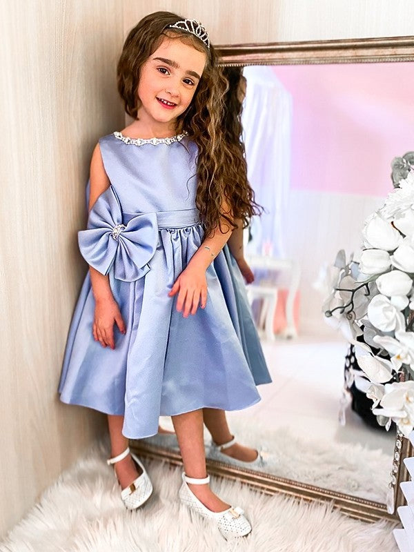 A-Line/Princess Satin Bowknot Scoop Sleeveless Knee-Length Flower Girl Dresses DEP0009289