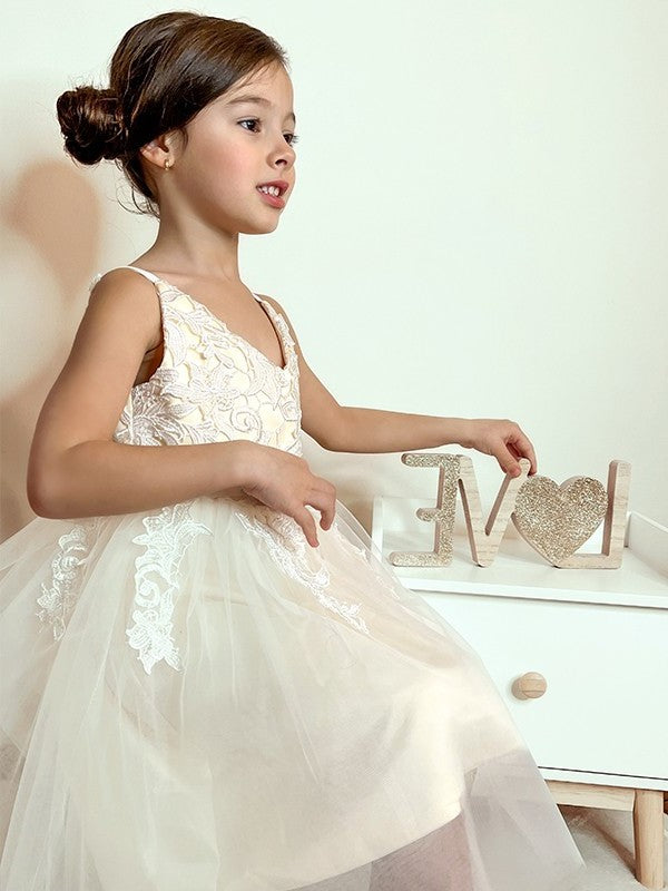 A-Line/Princess Tulle Lace V-neck Sleeveless Knee-Length Flower Girl Dresses DEP0009285