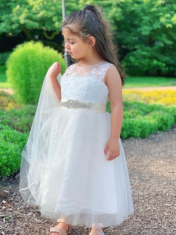 A-Line/Princess Tulle Lace Scoop Sleeveless Tea-Length Flower Girl Dresses DEP0007477