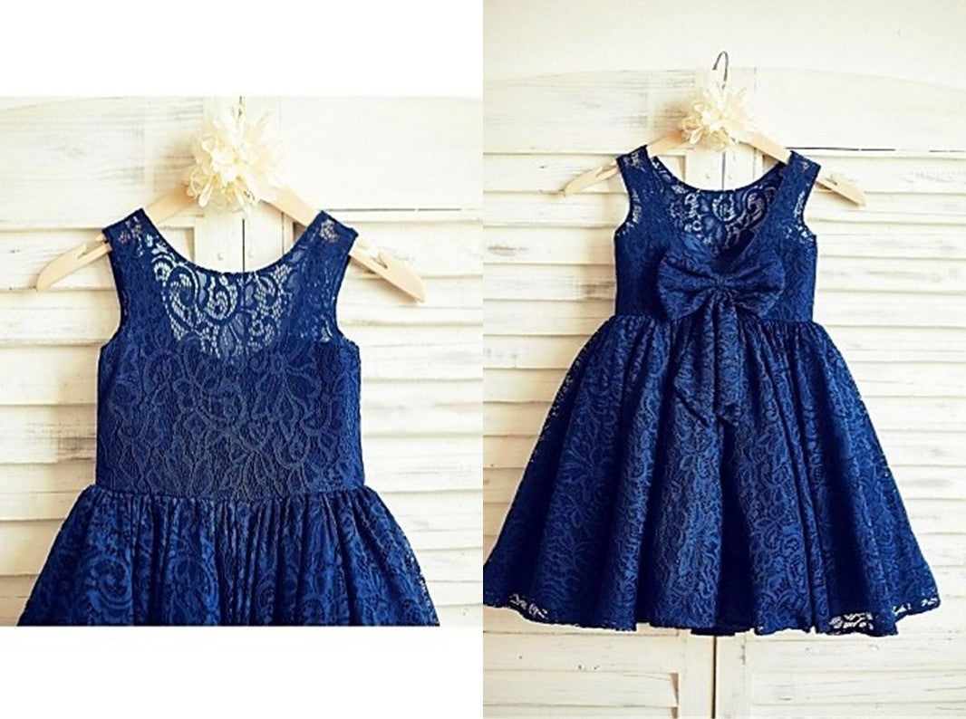 A-line/Princess Scoop Sleeveless Bowknot Tea-Length Lace Flower Girl Dresses DEP0007735