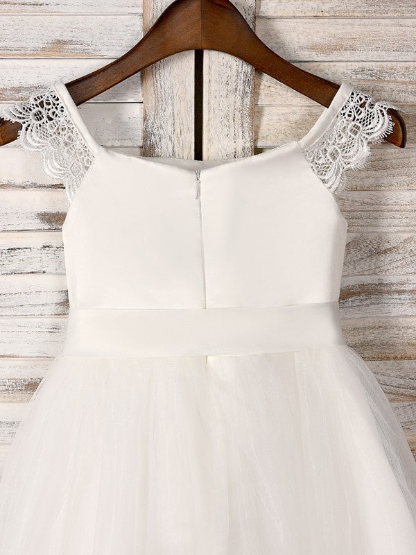 A-Line/Princess Tulle Sash/Ribbon/Belt Scoop Sleeveless Tea-Length Flower Girl Dresses DEP0007531