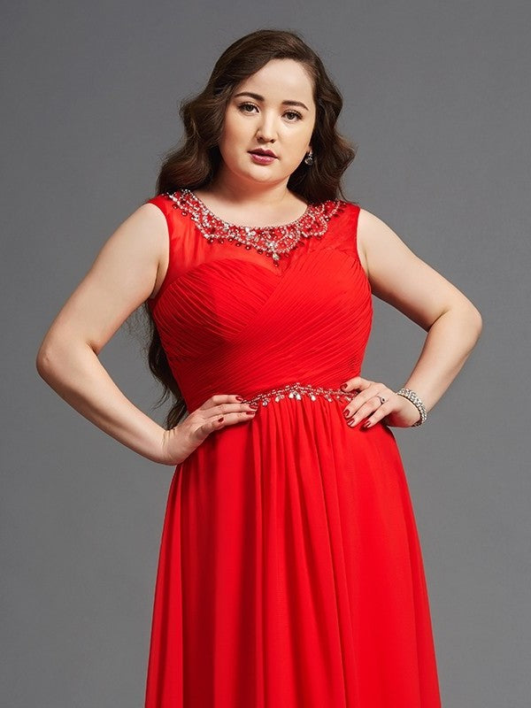 A-Line/Princess Scoop Beading Sleeveless Long Chiffon Plus Size Dresses DEP0003655