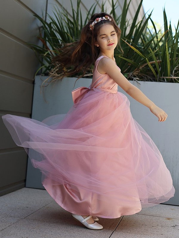 A-Line/Princess Tulle Bowknot V-neck Sleeveless Floor-Length Flower Girl Dresses DEP0007496