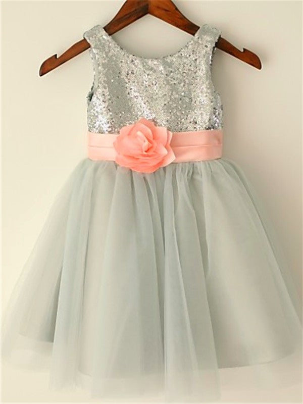 A-line/Princess Scoop Sleeveless Sequin Tea-Length Tulle Flower Girl Dresses DEP0007722