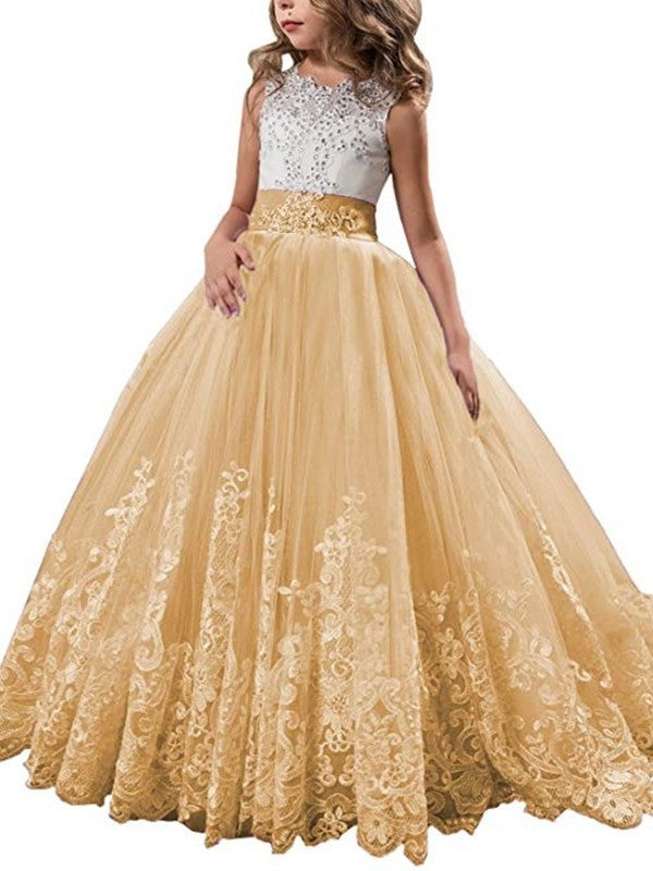 Ball Gown Jewel Sleeveless Lace Sweep/Brush Train Tulle Flower Girl Dresses DEP0007567