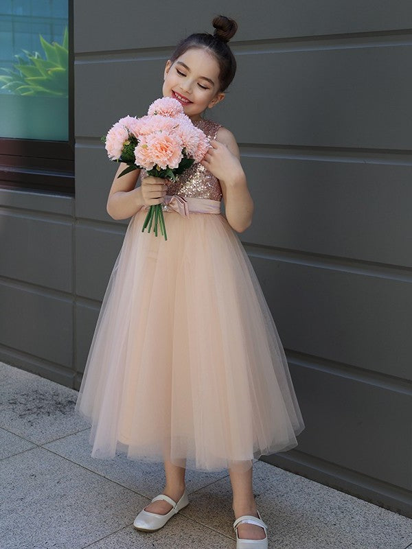 A-Line/Princess Tulle Bowknot Scoop Sleeveless Tea-Length Flower Girl Dresses DEP0007463