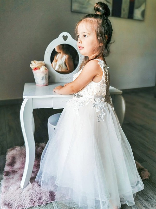 A-Line/Princess Tulle Lace V-neck Sleeveless Ankle-Length Flower Girl Dresses DEP0007460