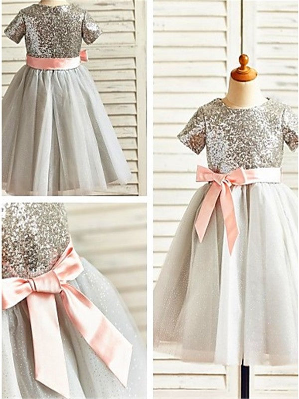 A-line/Princess Scoop Short Sleeves Sequin Tea-Length Tulle Flower Girl Dresses DEP0007726