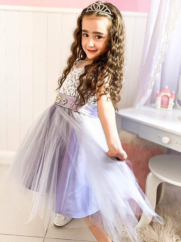 A-Line/Princess Tulle Lace Scoop Sleeveless Knee-Length Flower Girl Dresses DEP0009288