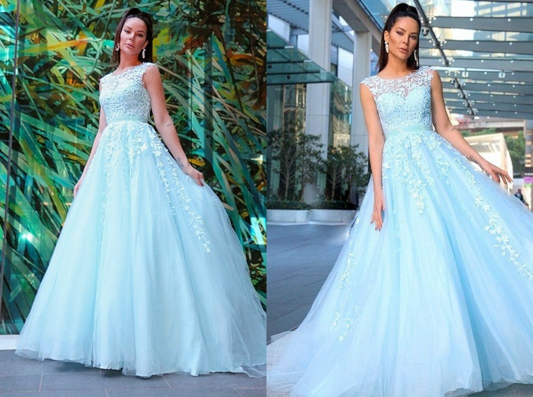 A-Line/Princess Scoop Sleeveless Tulle Applique Sweep/Brush Train Dresses DEP0001530