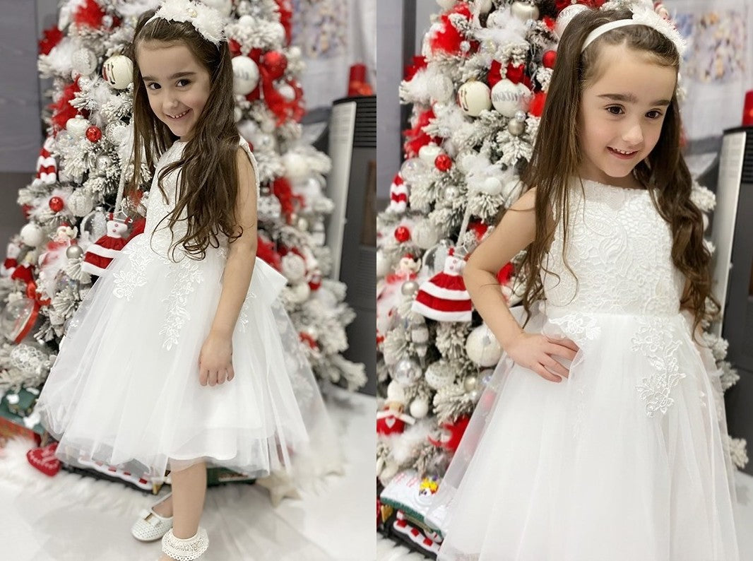 A-Line/Princess Tulle Lace Scoop Sleeveless Knee-Length Flower Girl Dresses DEP0009286