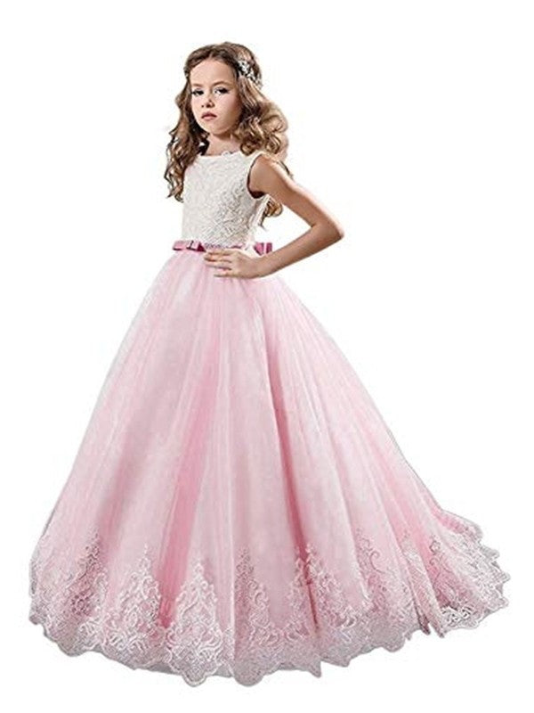 Ball Gown Jewel Sleeveless Lace Sweep/Brush Train Tulle Flower Girl Dresses DEP0007536