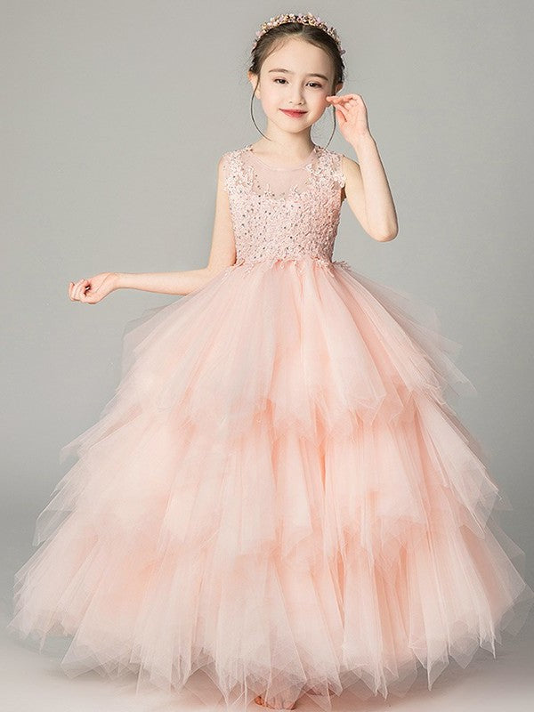 A-Line/Princess Tulle Applique Scoop Sleeveless Floor-Length Flower Girl Dresses DEP0007507