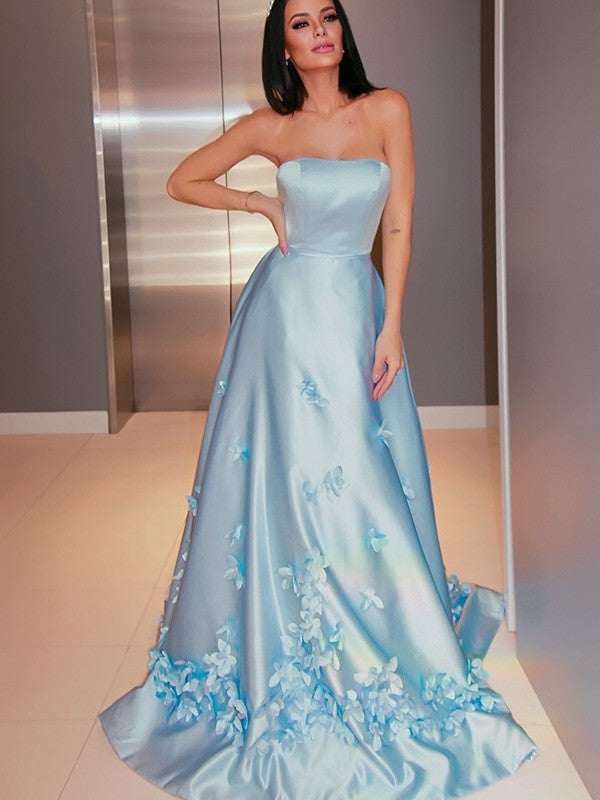 A-Line/Princess Satin Hand-Made Flower Strapless Sleeveless Sweep/Brush Train Dresses DEP0001585