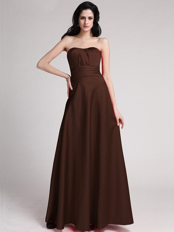 A-Line/Princess Strapless Sleeveless Pleats Long Elastic Woven Satin Bridesmaid Dresses DEP0005835