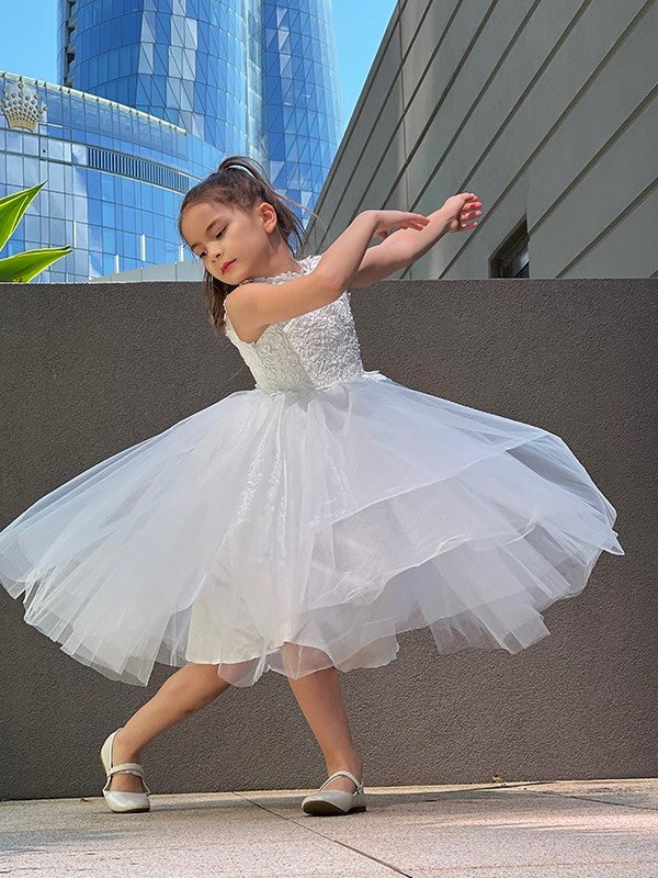 A-Line/Princess Tulle Lace High Neck Sleeveless Knee-Length Flower Girl Dresses DEP0007488