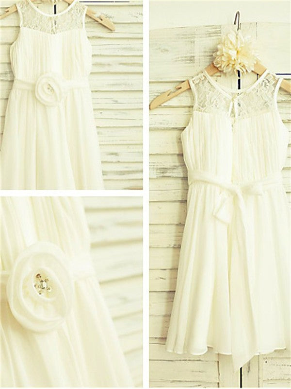 A-line/Princess Scoop Sleeveless Hand-made Flower Tea-Length Chiffon Flower Girl Dresses DEP0007795