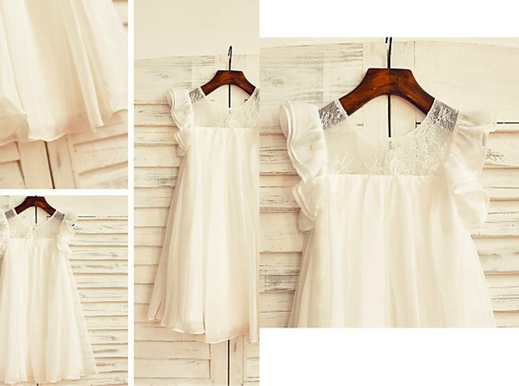 A-line/Princess Scoop Short Sleeves Lace Tea-Length Chiffon Flower Girl Dresses DEP0007691