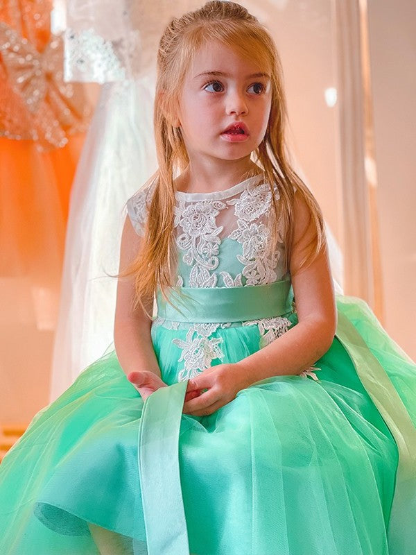 A-Line/Princess Tulle Applique Scoop Sleeveless Knee-Length Flower Girl Dresses DEP0009293