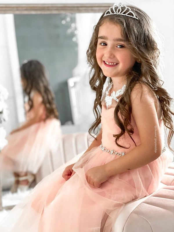 A-Line/Princess Tulle Beading Scoop Sleeveless Tea-Length Flower Girl Dresses DEP0007469