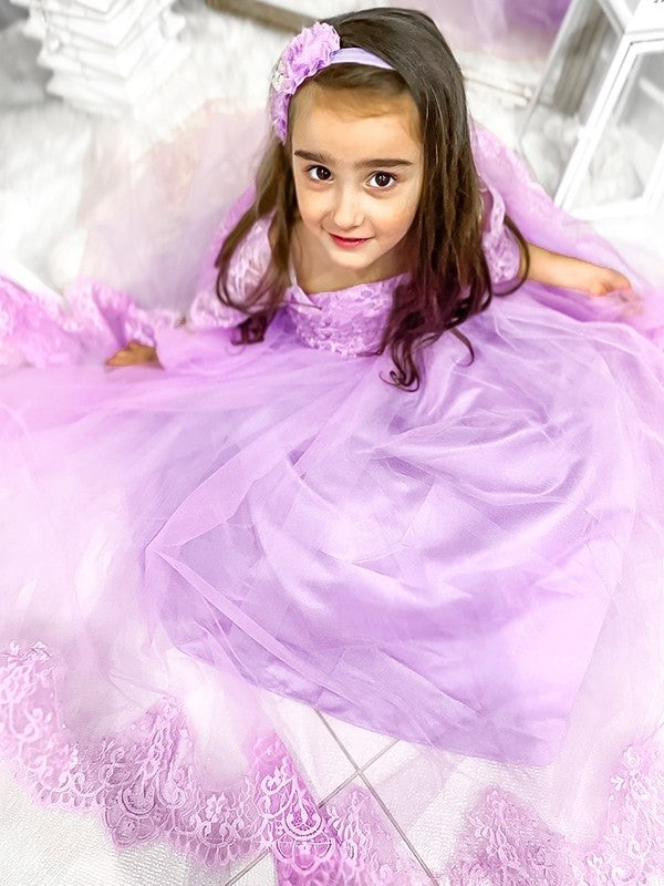 Ball Gown Tulle Lace Off-the-Shoulder 1/2 Sleeves Sweep/Brush Train Flower Girl Dresses DEP0007476