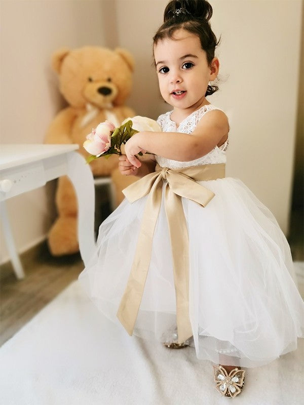 A-Line/Princess Tulle Sash/Ribbon/Belt Scoop Sleeveless Knee-Length Flower Girl Dresses DEP0007546