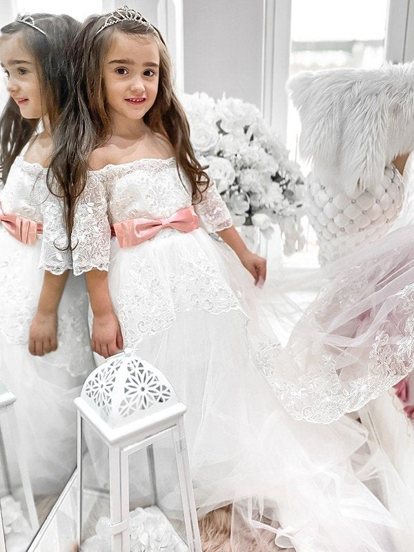 A-Line/Princess Tulle Sash/Ribbon/Belt Off-the-Shoulder 1/2 Sleeves Sweep/Brush Train Flower Girl Dresses DEP0007481