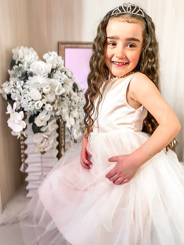 A-Line/Princess Tulle Bowknot Scoop Sleeveless Knee-Length Flower Girl Dresses DEP0009290