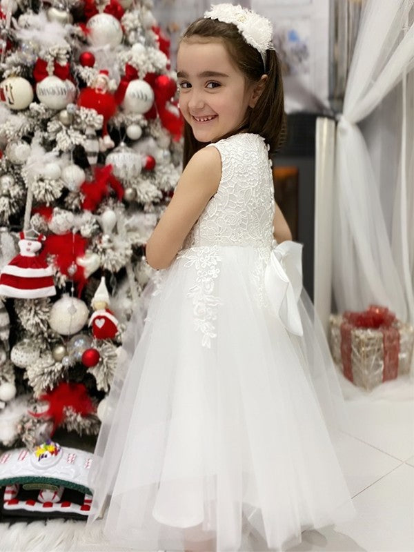 A-Line/Princess Tulle Lace Scoop Sleeveless Knee-Length Flower Girl Dresses DEP0009286