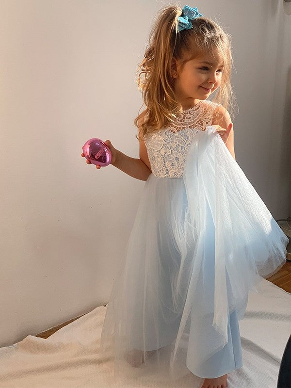 A-Line/Princess Tulle Lace Scoop Sleeveless Ankle-Length Flower Girl Dresses DEP0009296