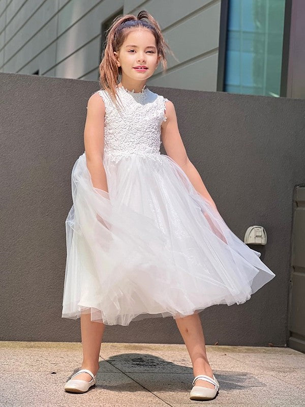 A-Line/Princess Tulle Lace High Neck Sleeveless Knee-Length Flower Girl Dresses DEP0007488