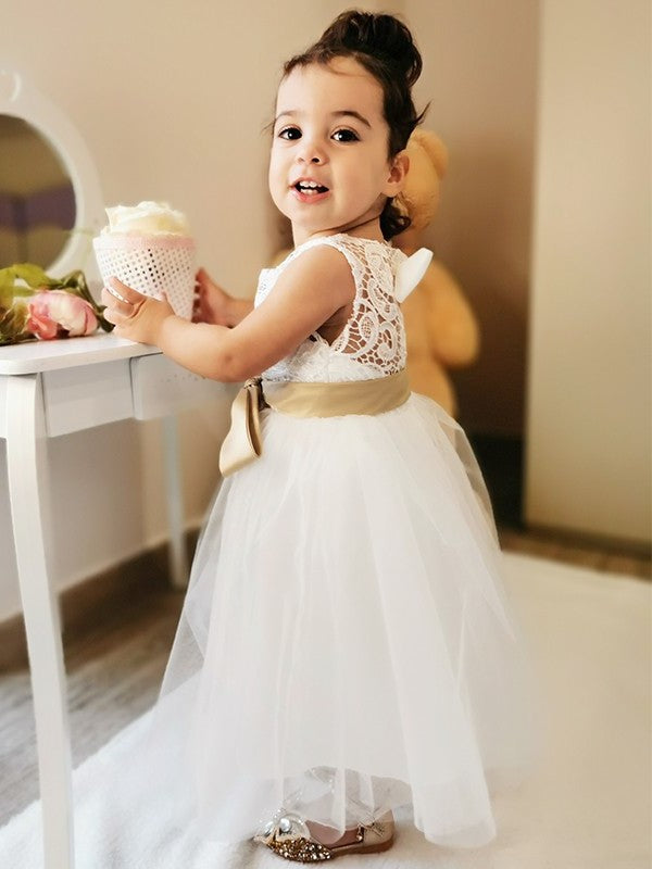 A-Line/Princess Tulle Sash/Ribbon/Belt Scoop Sleeveless Knee-Length Flower Girl Dresses DEP0007546