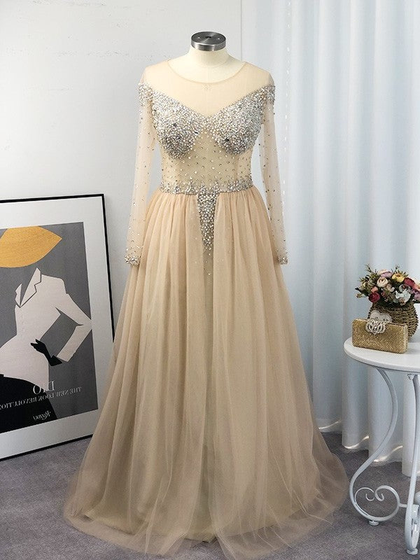 Ball Gown Tulle Long Sleeves Off-the-Shoulder Sequin Floor-Length Plus Size Dresses DEP0004597