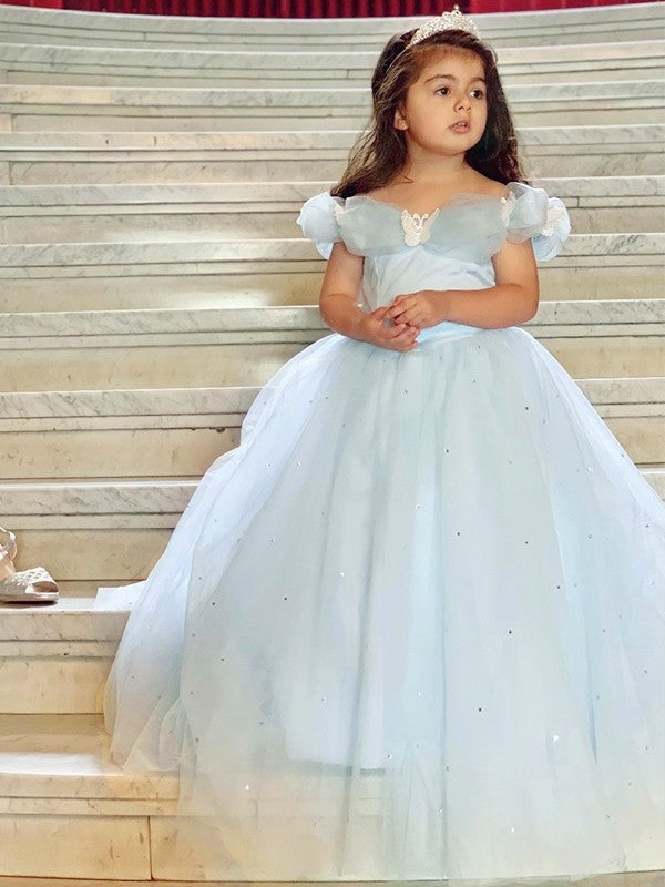 Ball Gown Tulle Rhinestone Off-the-Shoulder Sleeveless Floor-Length Flower Girl Dresses DEP0007466